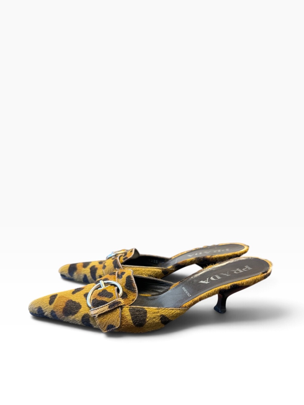 Vintage Y2K Prada Leopard Pony Hair Pointed Toe Buckle Kitten Heel Mules EU 37.5